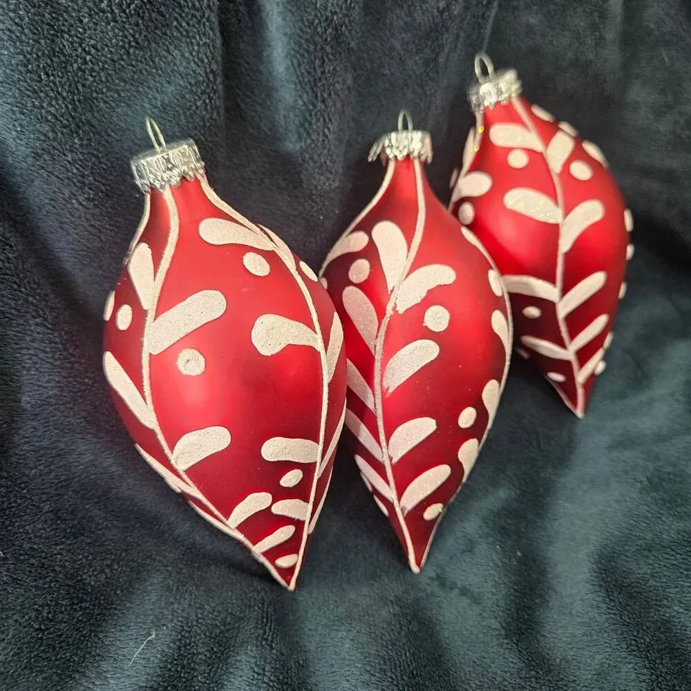 Set of 3 G.D. Red & White Glitter Leaf Christmas Ornaments Glass Teardrop